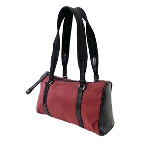 Prada 90s burgundy red nylon black leather shoulder Boston bag